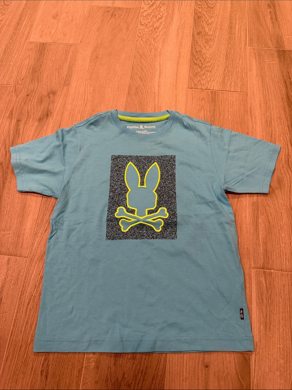 Psycho Bunny Kids Aqua Tee with Neon Yellow Bunny Graphic Size Medium
